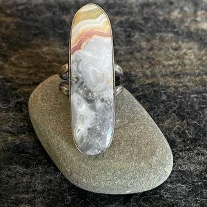 Navajo Kathleen & Veronica Scott Long Lace Agate Sterling Ring Heavy 10g